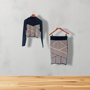 Derek Heart Black & Tan Geometric Striped Midi Pencil Skirt Set Size L